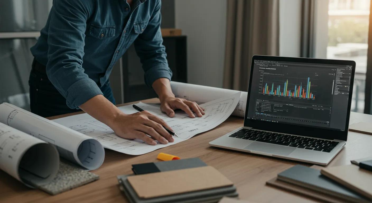 a detailed, professional office setting features a focused contractor examining blueprints on a sleek conference table, surrounded by construction material samples and a laptop displaying foundation repair cost analysis, conveying the importance of informed decision-making in property investment.