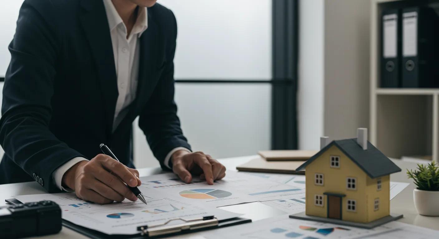 a focused interior shot of a professional appraiser evaluating a home's foundation in a well-lit, modern office, with detailed charts and assessment tools displayed prominently to emphasize the importance of structural integrity in property appraisals.
