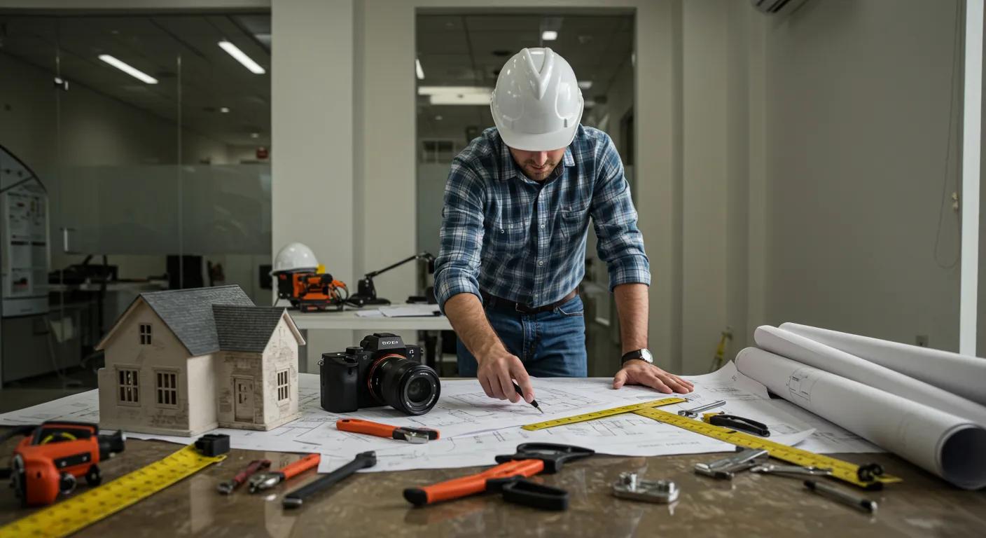 a sleek, modern office setting in san antonio, featuring a focus on an engineer examining a house foundation with an array of tools and blueprints scattered on a polished table, highlighting the complexities of home age and condition in assessing repair costs.