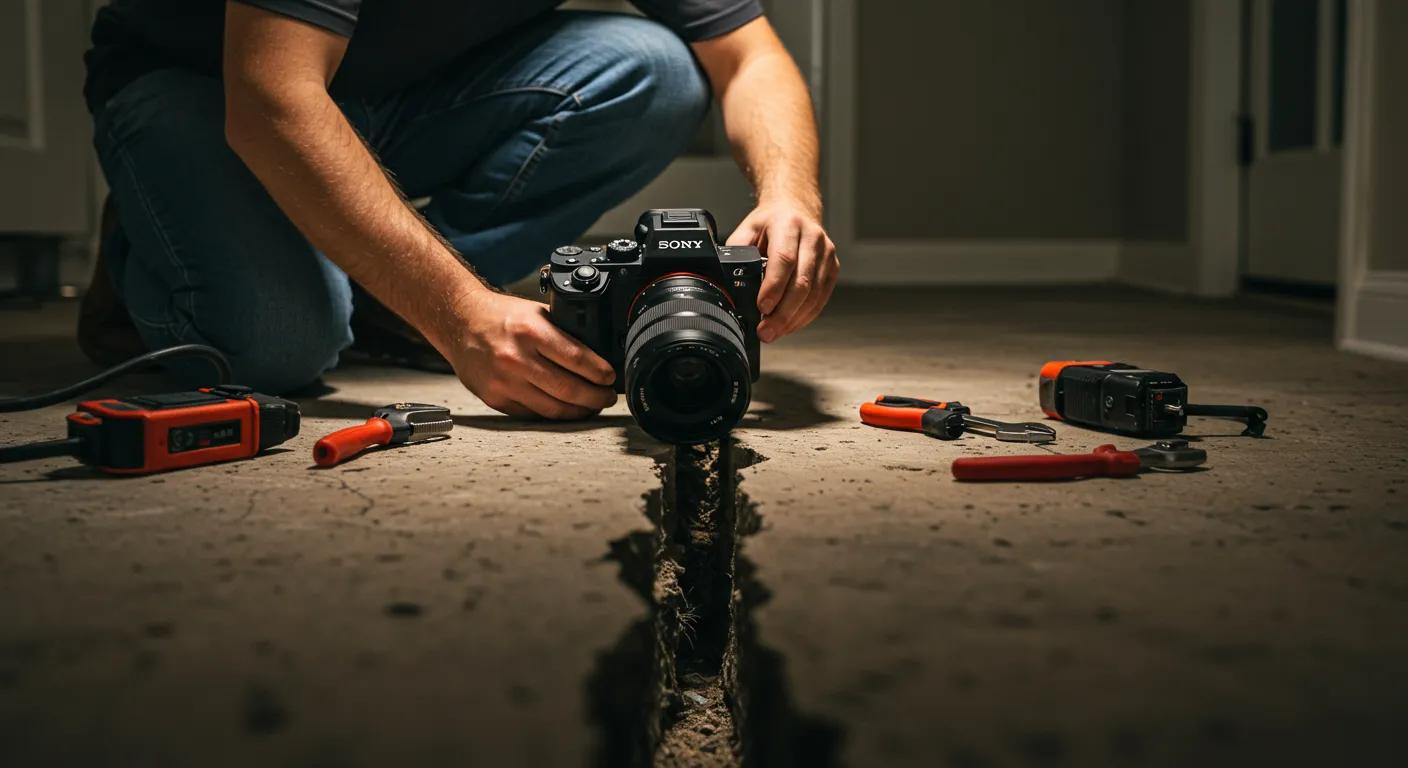 a professional contractor examines a foundation crack in a modern san antonio home, showcasing the importance of timely repairs in an urban residential setting, with detailed tools and technical equipment in the foreground.