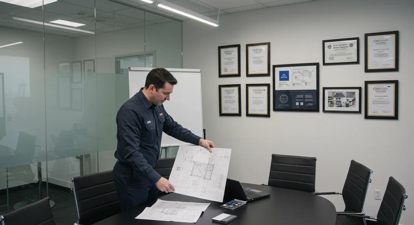 a modern office space featuring a professional reviewing blueprints and foundation repair plans on a sleek conference table, with a backdrop of framed certifications and awards highlighting expertise in property value enhancement.