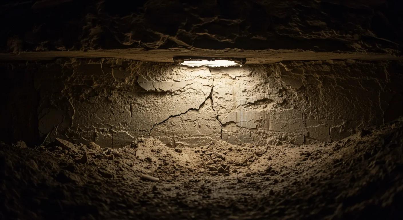 a close-up view of a distressed foundation of a san antonio home, highlighting visible cracks and uneven surfaces under artificial office lighting, with a professional inspector analyzing the issues to emphasize the importance of timely assessments for property value.