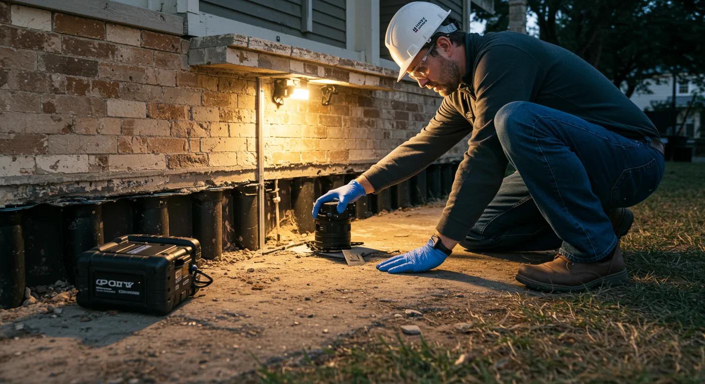 a professional technician conducts a detailed foundation inspection on a san antonio home's base, surrounded by advanced diagnostic tools and the architectural features of the residence, highlighting tailored repair strategies in a focused, urban setting.