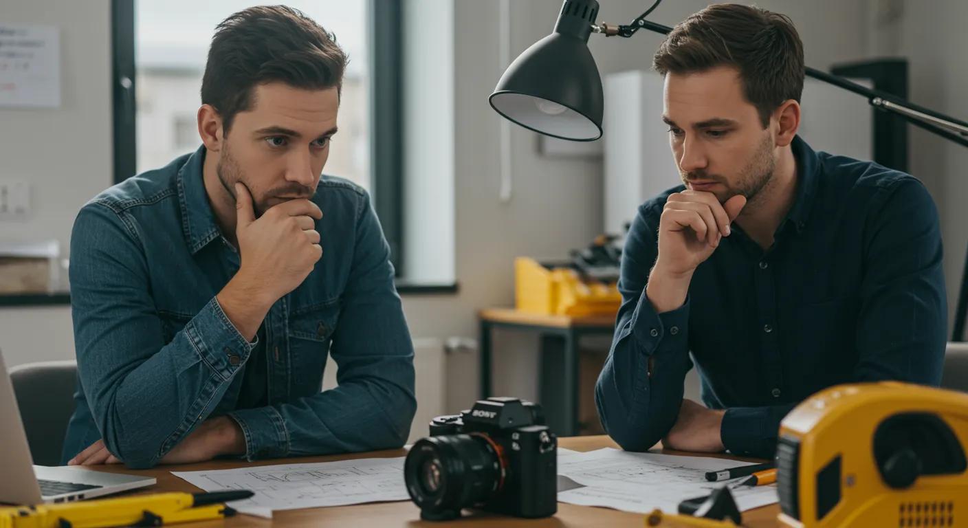 a focused view of a concerned homeowner discussing foundation issues with a professional contractor in a detailed, well-lit urban office, with foundation diagrams and tools visible on the desk, emphasizing the importance of seeking expert help.