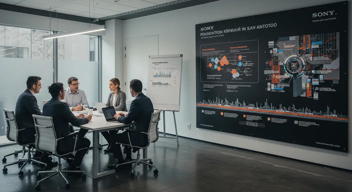 a modern office setting, featuring a sleek conference table surrounded by professionals engaged in a vibrant discussion, with a focus on a prominent visual display illustrating the long-term financial benefits of foundation repair in san antonio.