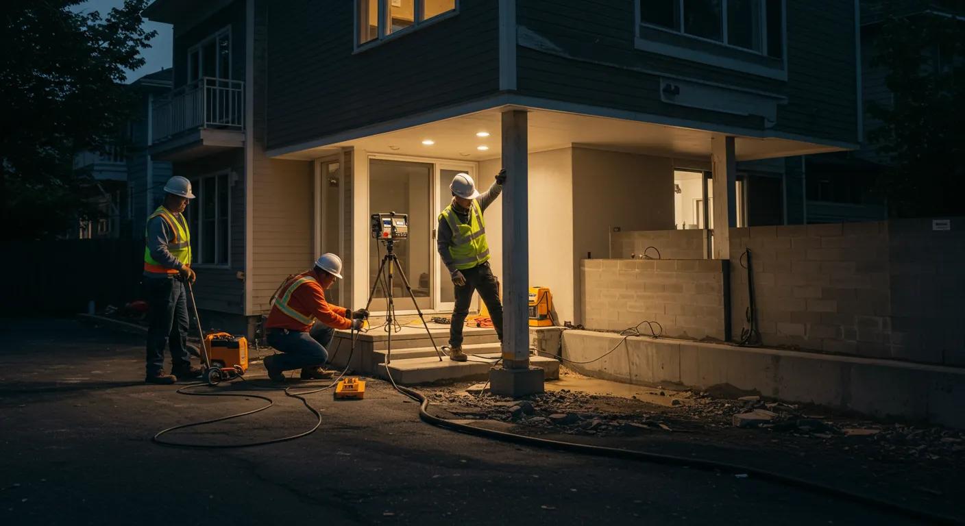 a meticulously maintained home with a visually striking foundation inspection underway, featuring a modern urban setting and expert contractors using advanced equipment to demonstrate the importance of foundation care for preserving property value.