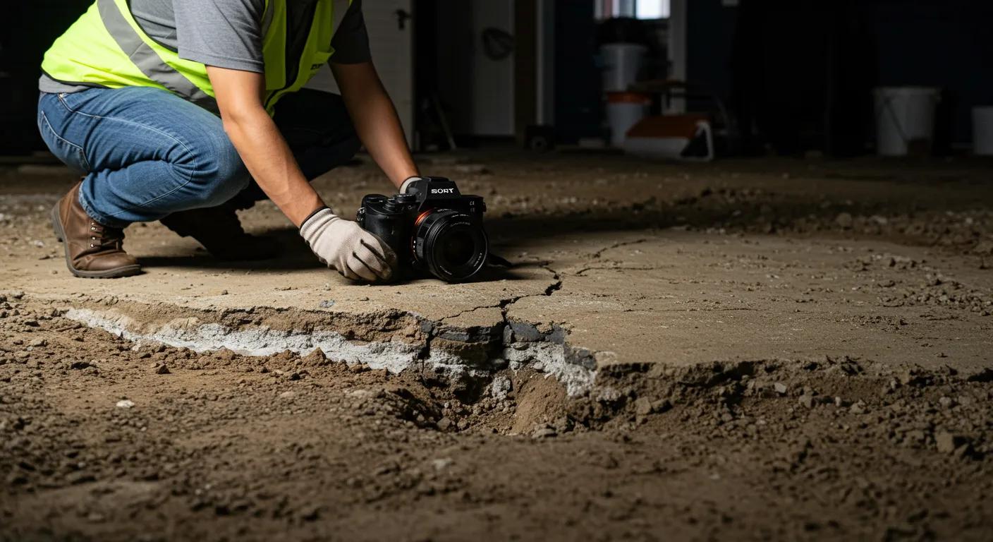 a close-up view of a residential foundation showcasing distinct cracks and uneven surfaces, captured in a well-lit urban setting with a contractor examining the area, emphasizing the impact of structural issues on home value and safety.