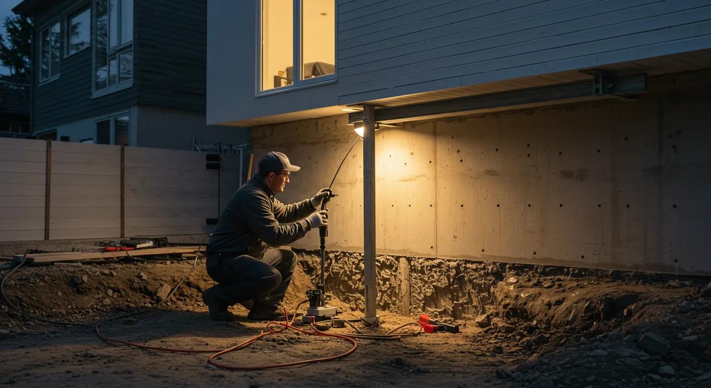 a detailed view of a contemporary home undergoing foundation repair, showcasing a skilled contractor inspecting the base of the structure with advanced tools in a well-lit urban setting, emphasizing the importance of proactive maintenance and property value preservation.