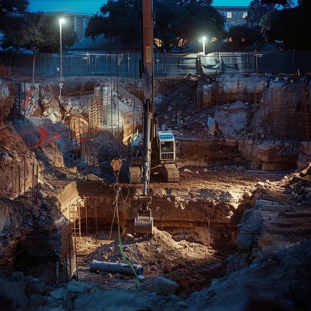 a detailed urban construction site in san antonio showcases varying soil layers exposed during excavation, highlighting the impact of local soil types on foundation stability and repair efforts under crisp artificial lighting.