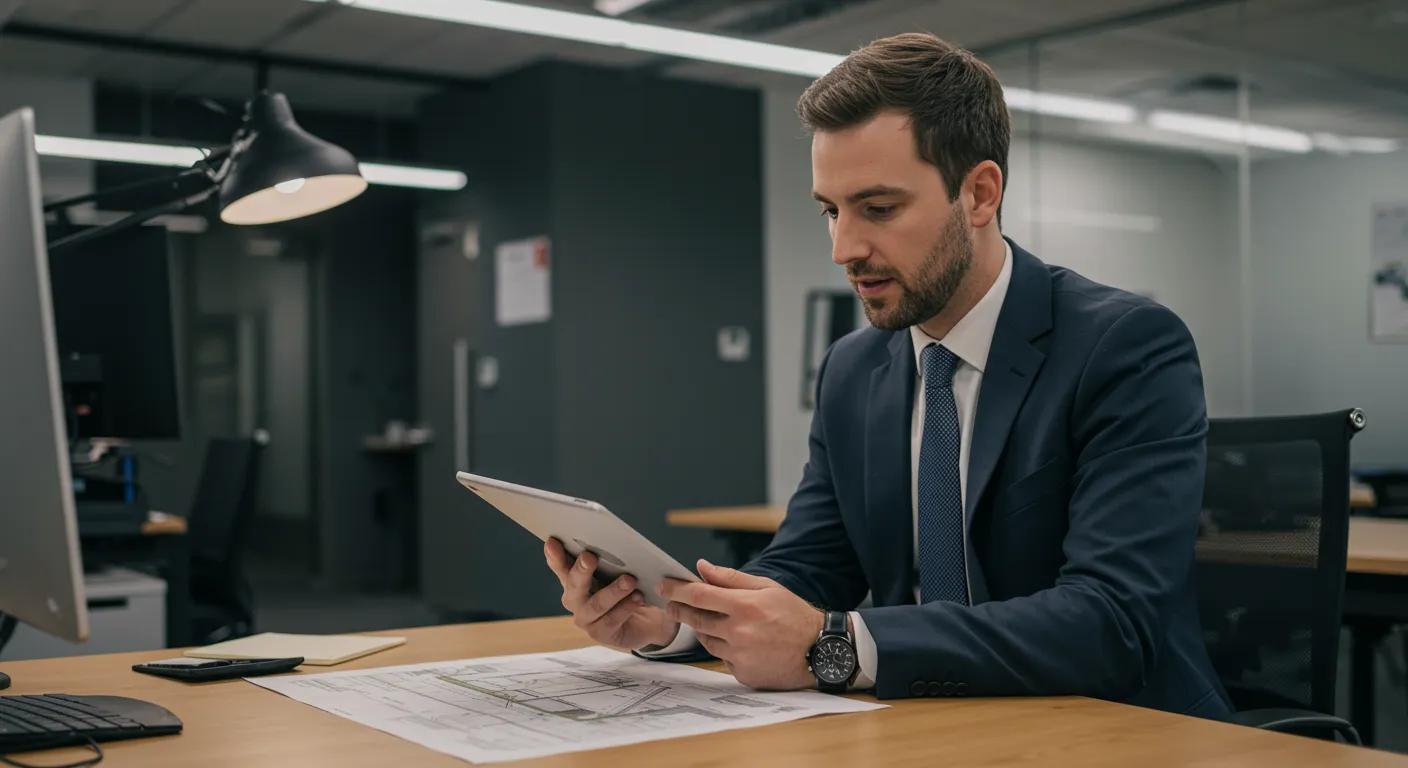 a modern, well-lit office space showcases a confident real estate agent reviewing high-quality foundation repair plans on a sleek tablet, symbolizing the importance of timely repairs in protecting property value and structural integrity in san antonio.