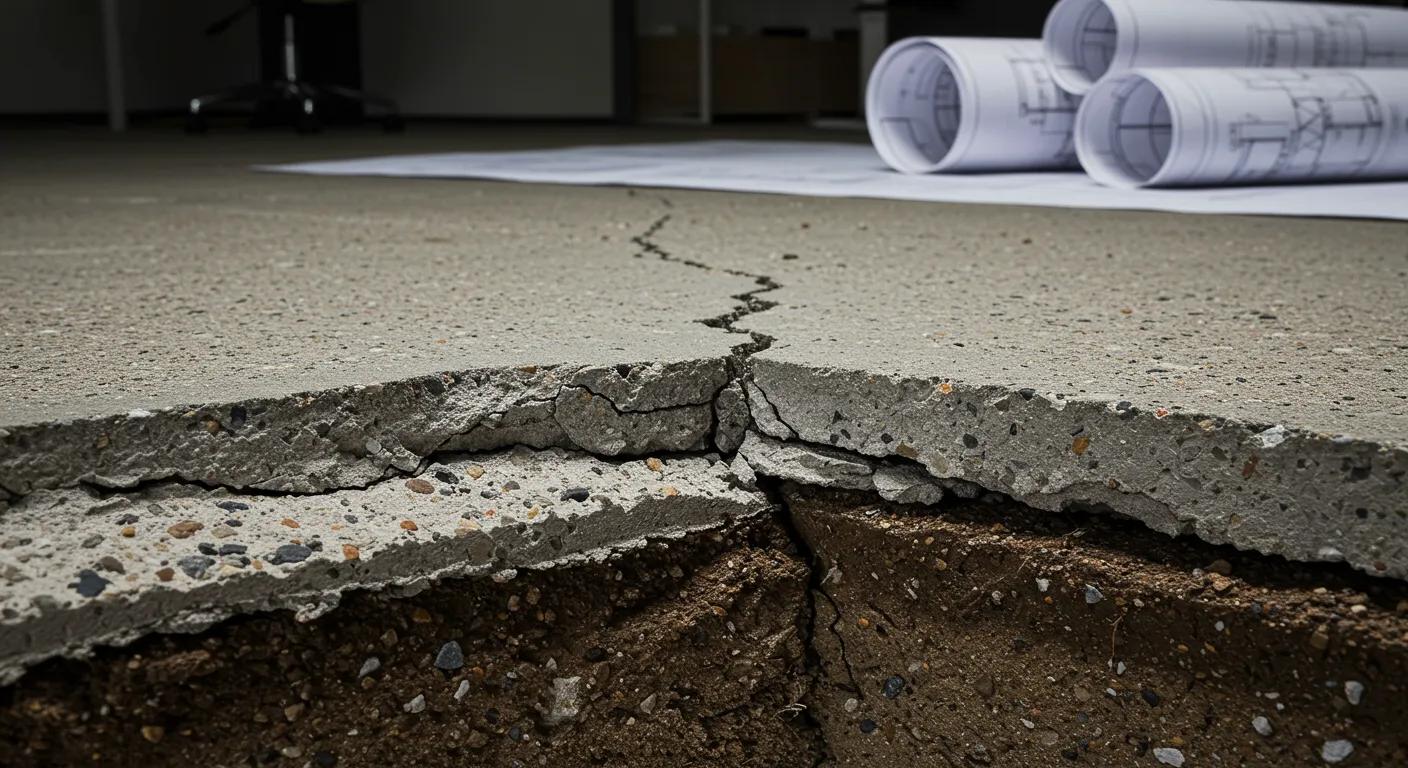 a detailed close-up of a cracked concrete foundation in a san antonio home, set against a stark, dimly lit office environment with architectural blueprints and soil samples in the background, highlighting the stark contrast between structural integrity and foundation repair challenges.