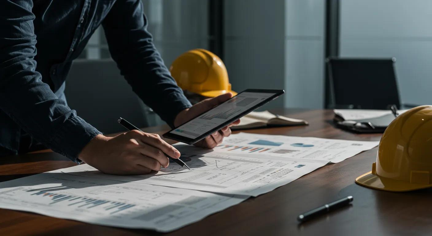 a sleek, modern office space features an architect reviewing detailed foundation inspection reports on a digital tablet, illuminated by bright overhead lights that enhance the crispness of the technical diagrams and notes spread across a polished conference table.