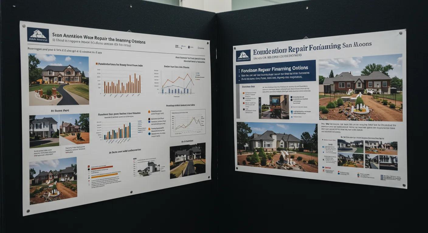 a modern office environment in san antonio showcases a detailed presentation board on foundation repair financing options, with vibrant visuals and graphs illustrating local home improvement programs tailored to the unique challenges of texas soil conditions.