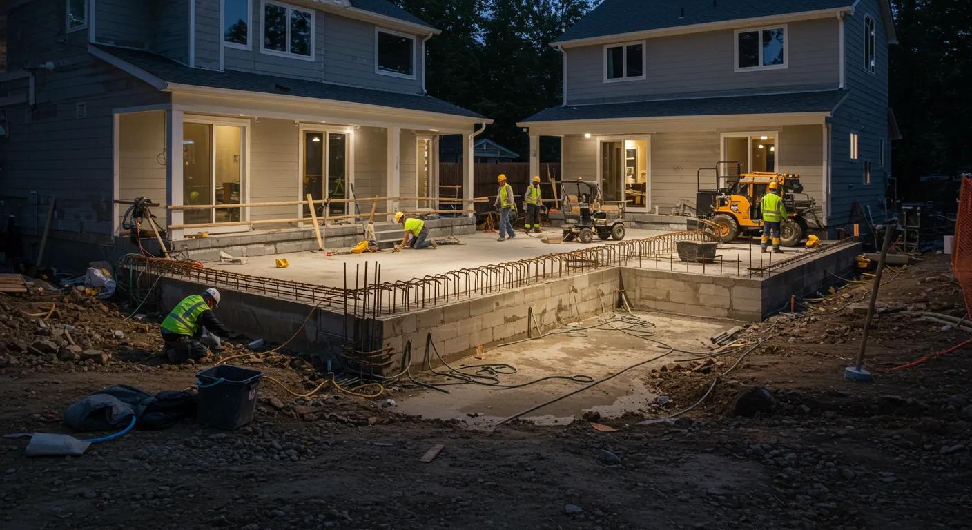 a modern, well-lit construction site showcases workers diligently performing foundation repairs on a sturdy residential building, emphasizing the critical investment in long-term stability and value appreciation.