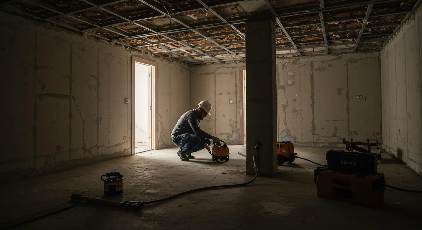 a dramatic interior shot of a well-lit, modern home under renovation, showcasing a contractor inspecting the foundation with advanced tools, symbolizing the urgency and importance of timely repairs to enhance structural integrity and prevent future damage.