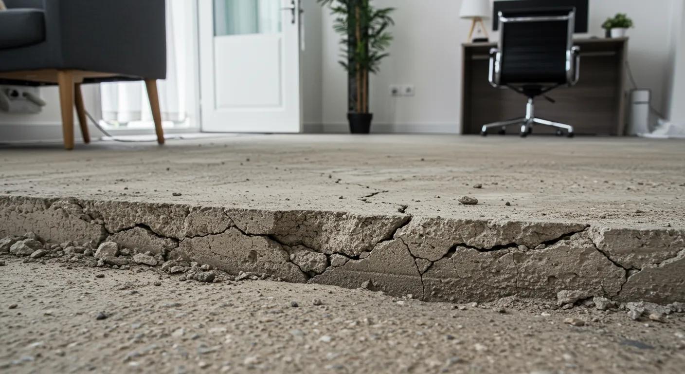 a detailed close-up of a distressed home foundation with visible cracks, set against a backdrop of a modern real estate office, conveying the urgent need for property evaluation and repair assessment.