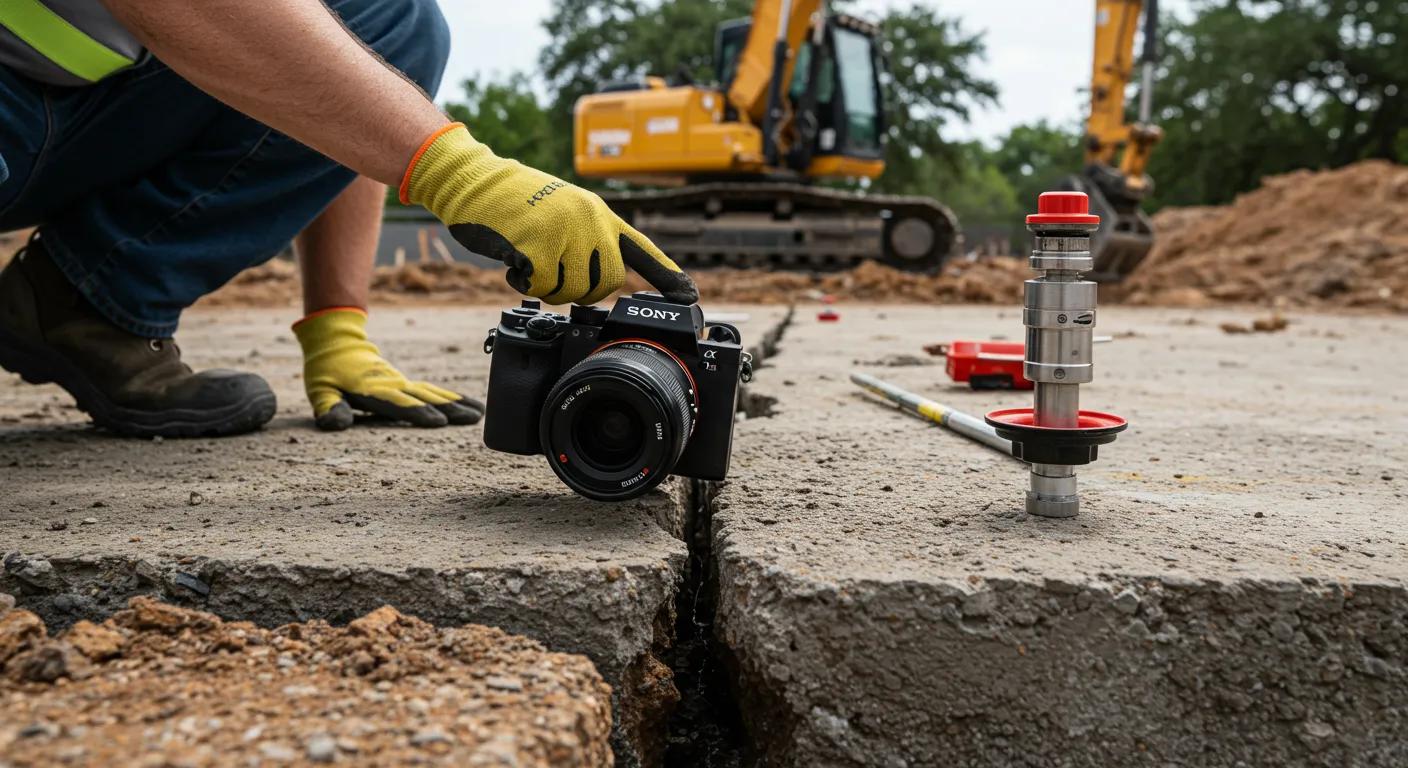a close-up view of a construction site in san antonio showcasing a skilled professional inspecting a foundation crack in a concrete slab, with heavy equipment and soil testing tools in the background, emphasizing the complexities and precision involved in foundation repair.