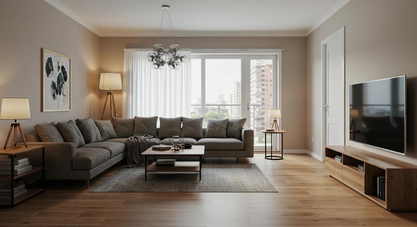 a modern, well-lit living room showcases smooth, level flooring and perfectly aligned doors, embodying the enhanced comfort and safety achieved through professional foundation repair.