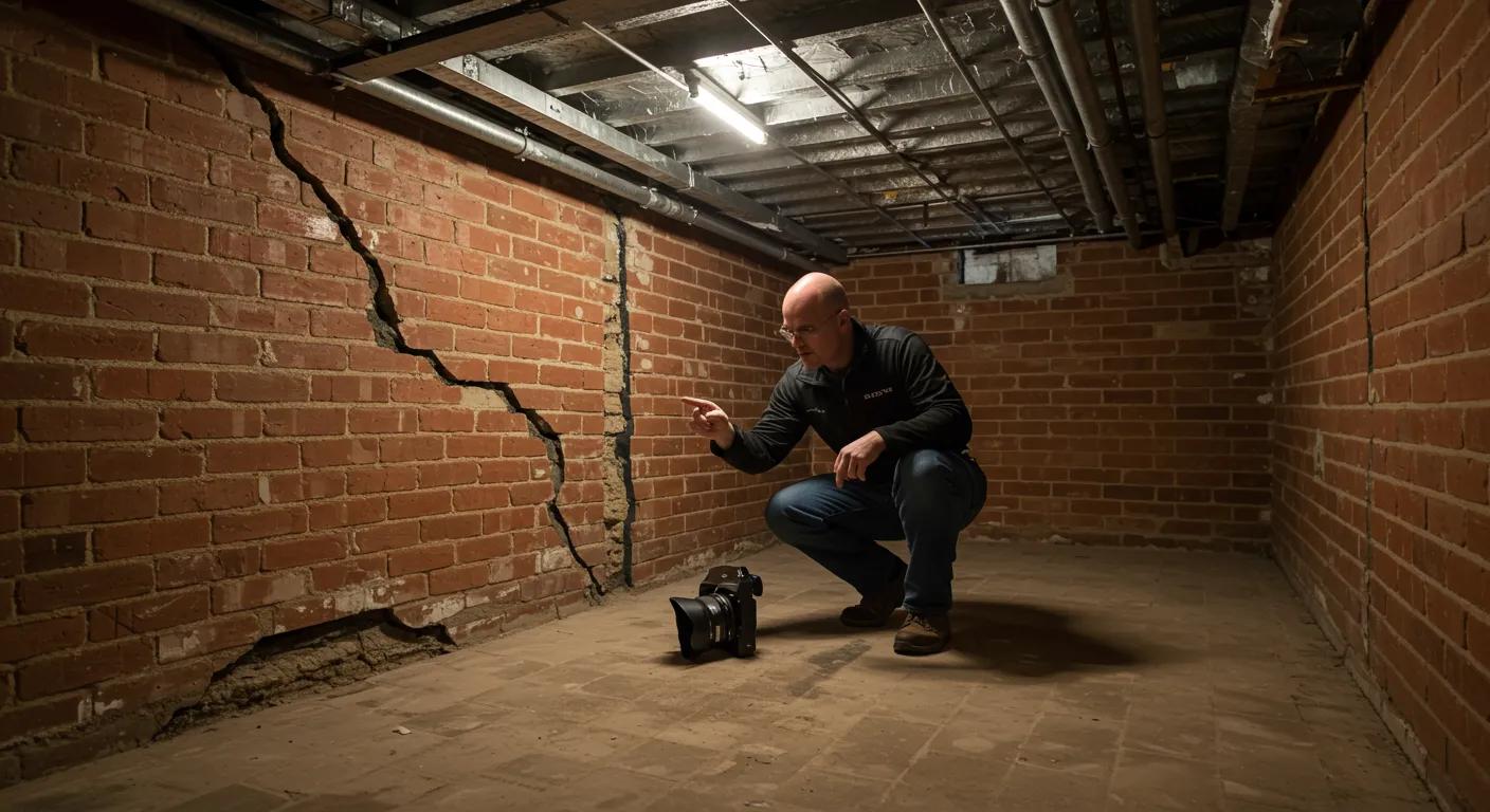 a professional inspection scene in a textured brick basement shows a foundation repair specialist examining deep wall cracks and uneven flooring, illustrating the critical factors affecting repair costs in san antonio properties.