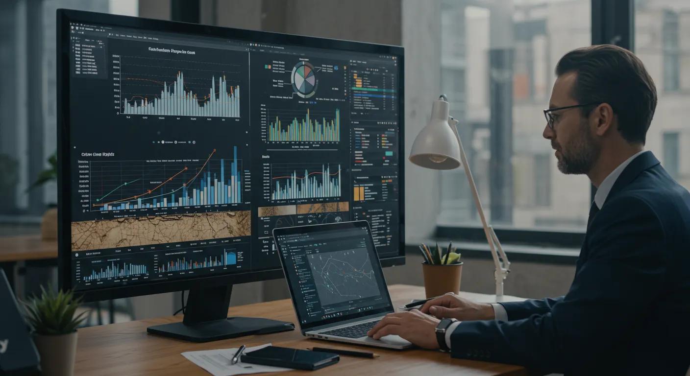 a modern office space is filled with a large digital display showing dynamic graphs and charts depicting local market trends in foundation repair costs, with a serious professional analyzing data on a sleek laptop, emphasizing the importance of proactive maintenance in property valuations.