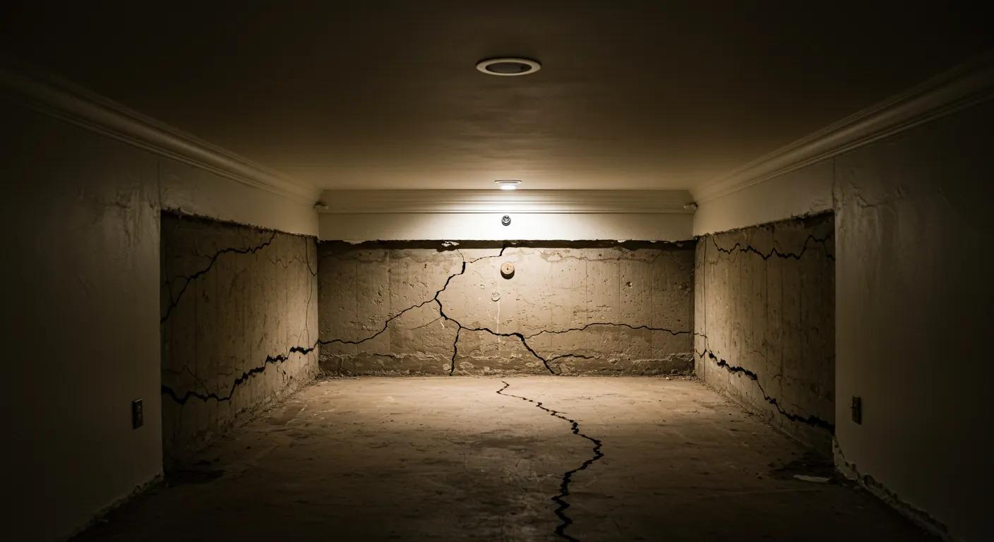 a focused interior shot of a san antonio home featuring visible foundation cracks in the walls and floor, illuminated by stark overhead lighting, emphasizing the seriousness of early warning signs for foundation issues.