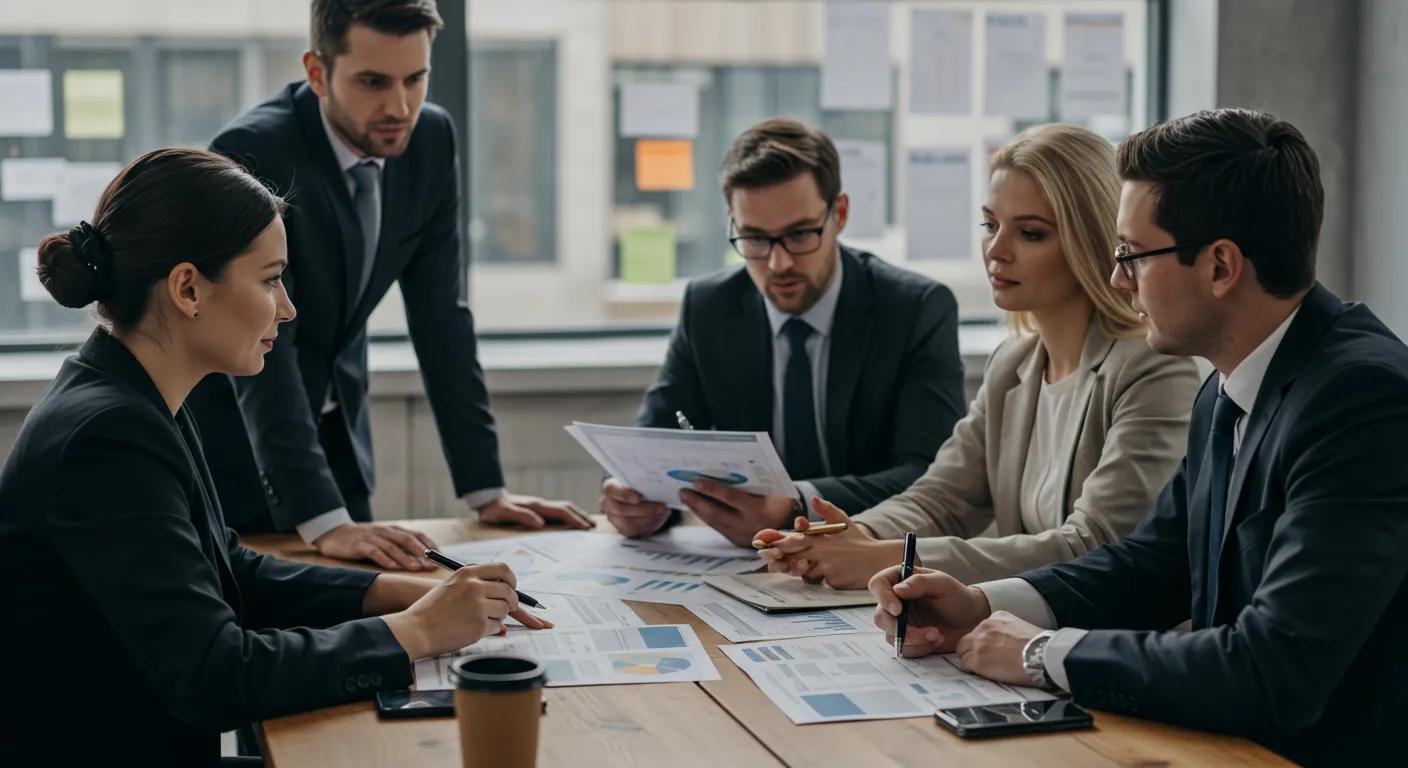 a focused office scene captures a diverse group of professionals engaged in a dynamic discussion around a large table, surrounded by financial documents and charts, emphasizing the importance of making informed decisions for financing foundation repairs.