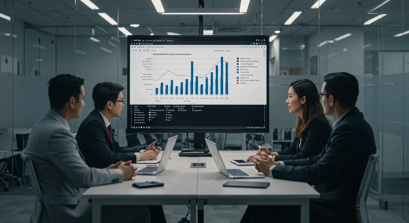 a sophisticated, modern office with a large presentation screen displaying a visually appealing graph comparing foundation repair costs and potential property value increases, illuminated by sleek overhead lighting to emphasize the analytical discussion among attentive professionals.