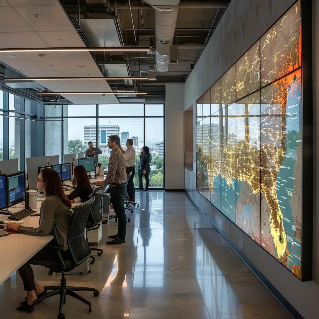 a bold, modern office space featuring a large digital display screen showcasing a detailed weather map of san antonio, with a team of engaged professionals analyzing its impact on building foundations.