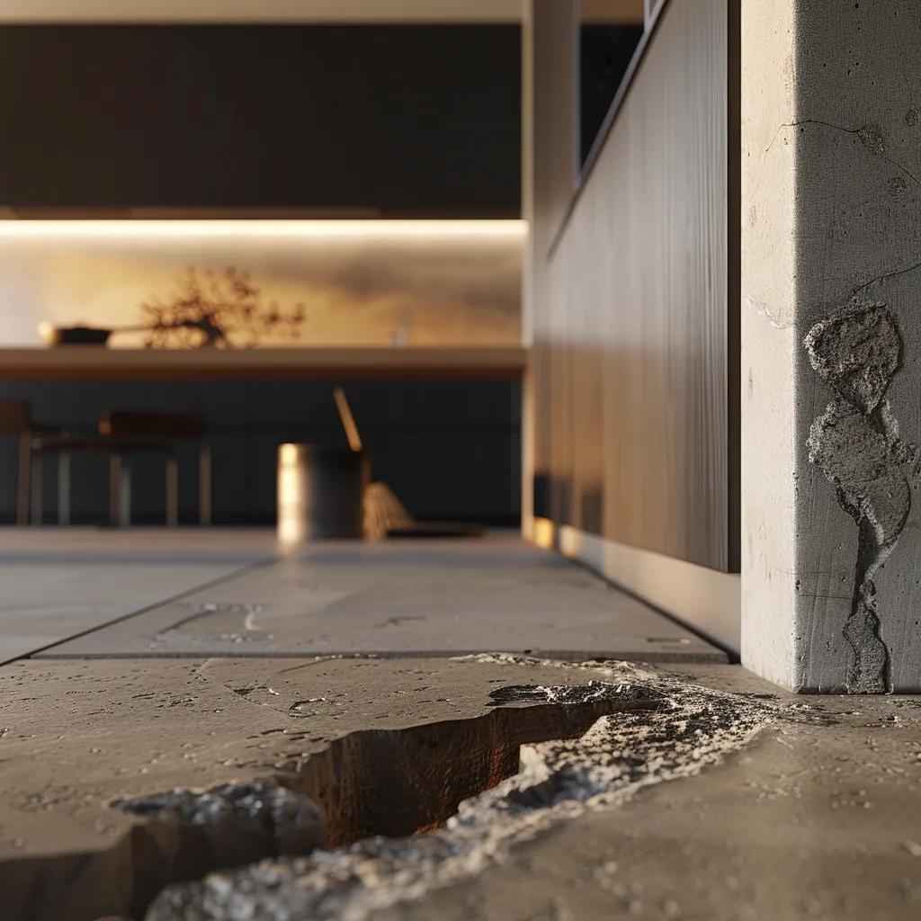 a close-up view of a modern home’s foundation, showcasing visible seasonal cracks and shifts in a sleek urban setting, with construction and repair tools subtly arranged nearby to emphasize homeowner awareness.
