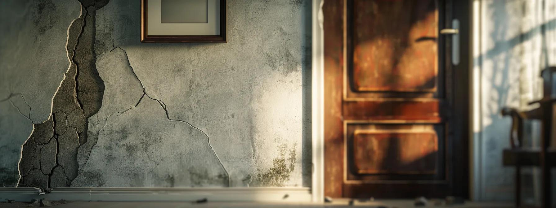 a close-up view of a residential home's interior showcasing prominent, widening cracks in the walls and misaligned door frames, illuminated by stark overhead lighting to emphasize the signs of potential foundation problems.