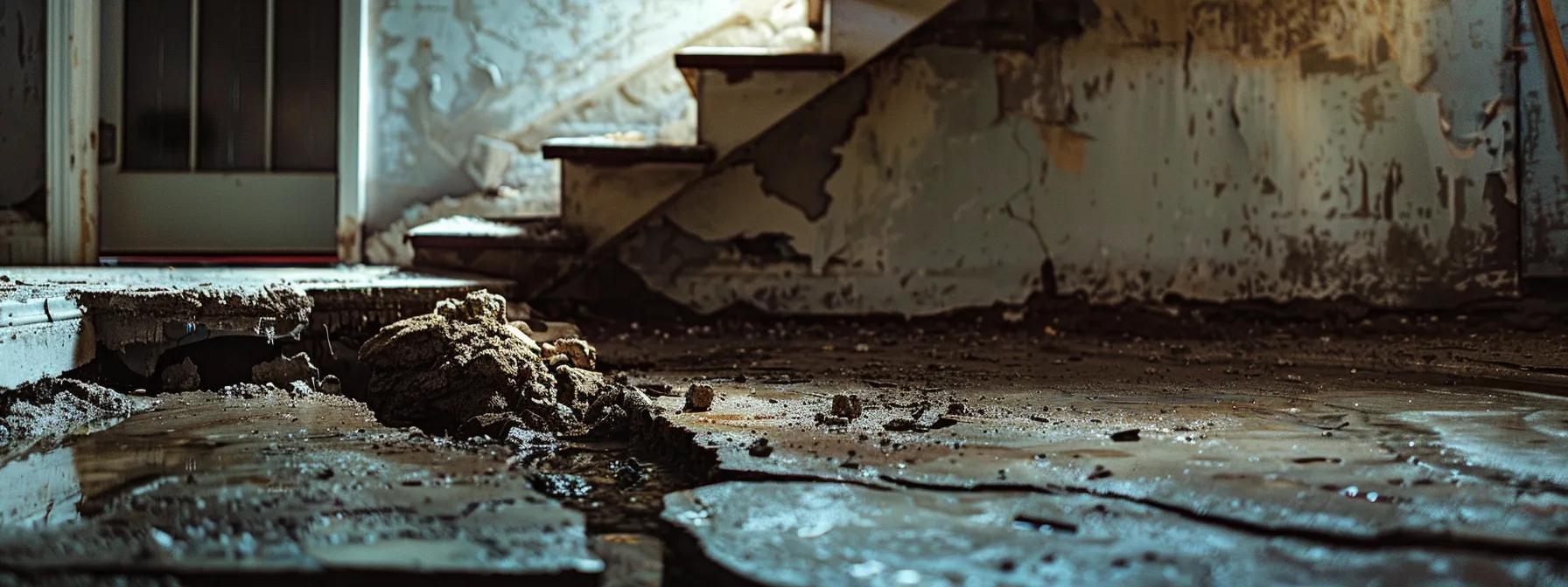 a close-up view of a cracked foundation in a modern urban home, with a starkly illuminated basement showcasing water stains and signs of structural distress, emphasizing the serious implications of foundation issues.