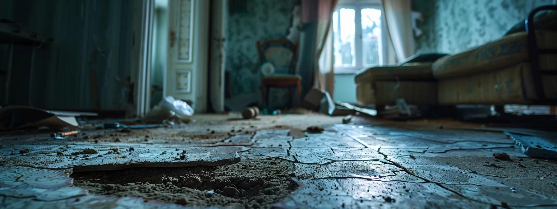 a close-up view of a home interior showcasing prominent cracks in the walls and ceilings, with uneven flooring and misaligned doors, set against a backdrop of a dimly lit, cluttered living room, highlighting the urgency of foundation repair needed.