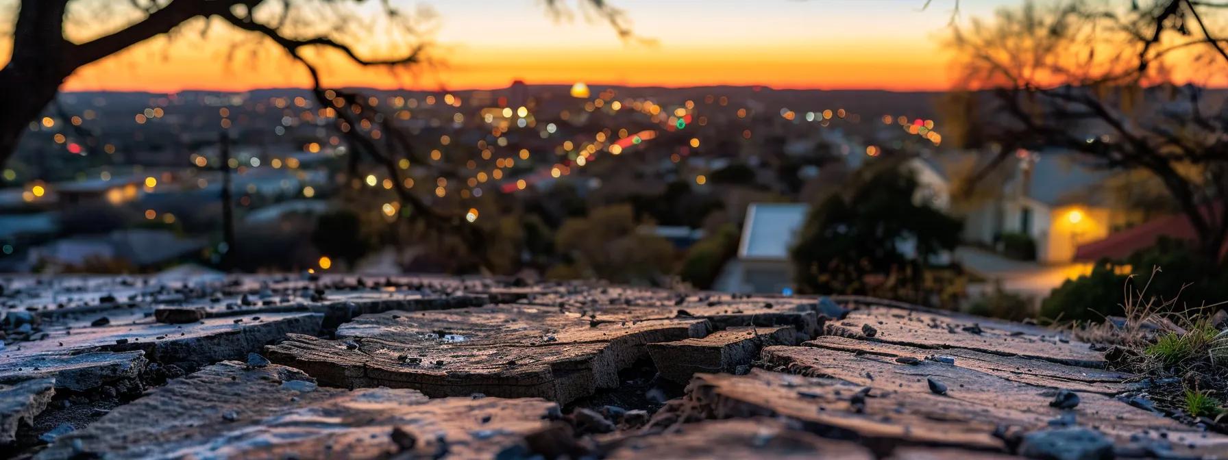 a close-up view of a san antonio home's foundation displaying visible cracks and shifting, set against the background of a bustling urban neighborhood, illuminated by the warm evening glow of city lights.