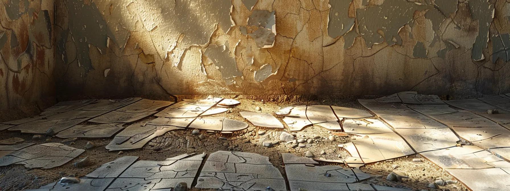 a close-up shot of a distressed home's foundation, highlighting prominent wall cracks and uneven flooring in an indoor setting, emphasizing the critical signs of structural issues that affect home value.
