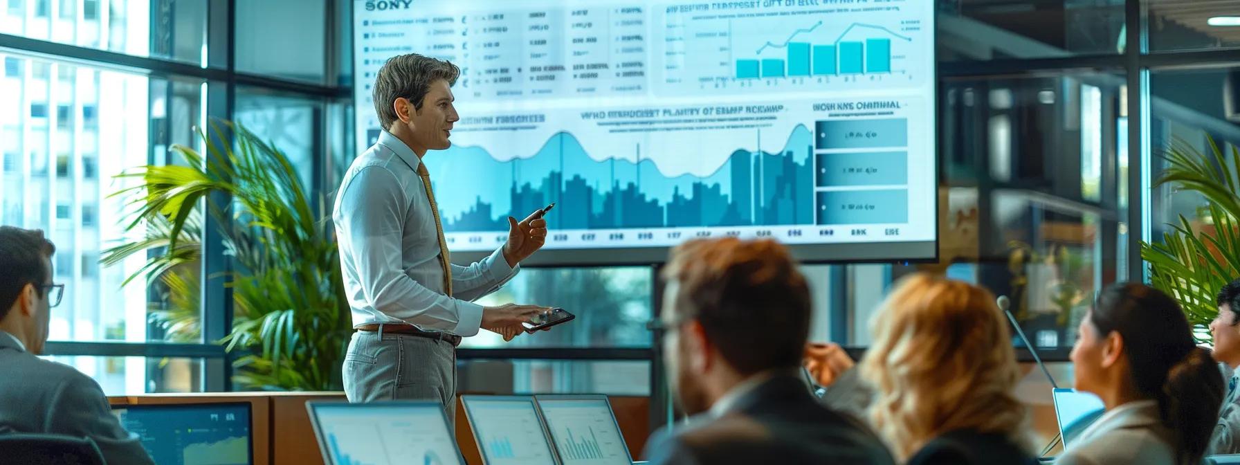 a contemporary office setting in san antonio showcases a sleek conference room where a diverse group of professionals engage in an animated discussion about the impact of foundation problems on property value, with a large screen displaying detailed graphs and data insights.