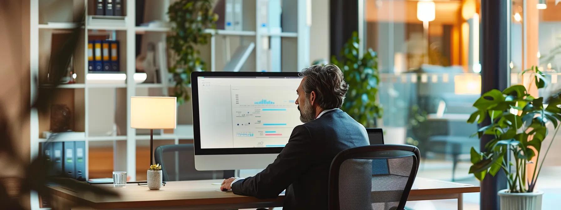 a contemporary office setting features a focused business professional reviewing financing options for foundation repairs, highlighted by modern furnishings and a digital presentation on a sleek monitor, conveying a sense of urgency and financial insight.