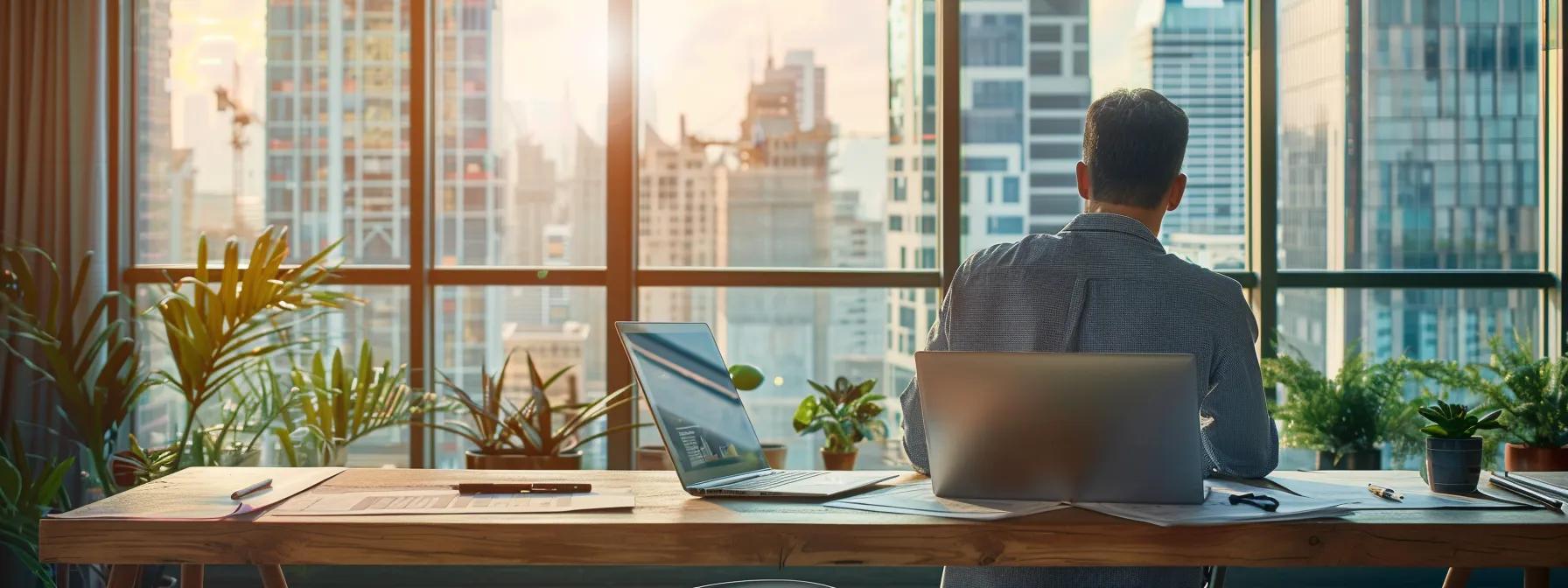 a contemporary office space features a confident property investor meticulously reviewing detailed foundation repair cost estimates on a sleek laptop, with a backdrop of architectural blueprints and a large window revealing a bustling urban skyline, symbolizing the intersection of investment and property value.