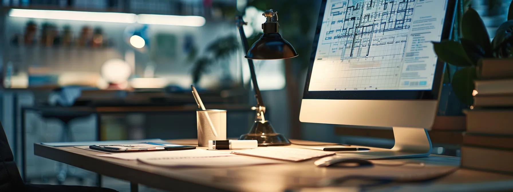 a detailed close-up shot of a modern office desk featuring a computer screen displaying complex insurance policy documents, with a focused professional pen and an architectural foundation repair plan on the surface, under the soft glow of overhead lighting.