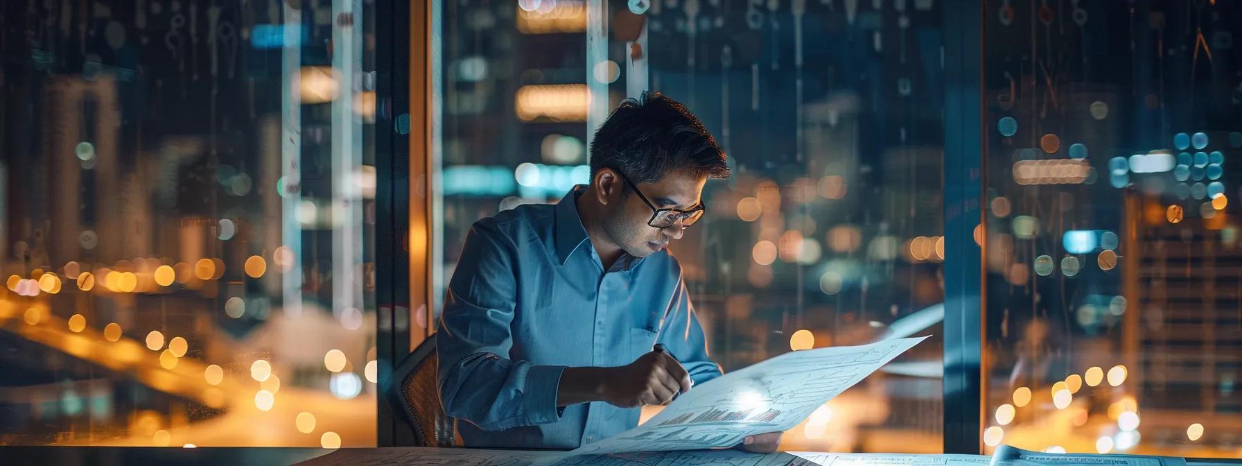 a detailed close-up of a contractor reviewing structural diagrams and cost estimates in a modern office, illuminated by bright overhead lights, with the backdrop featuring a large city skyline visible through a glass window, symbolizing foundation repair in urban homes.
