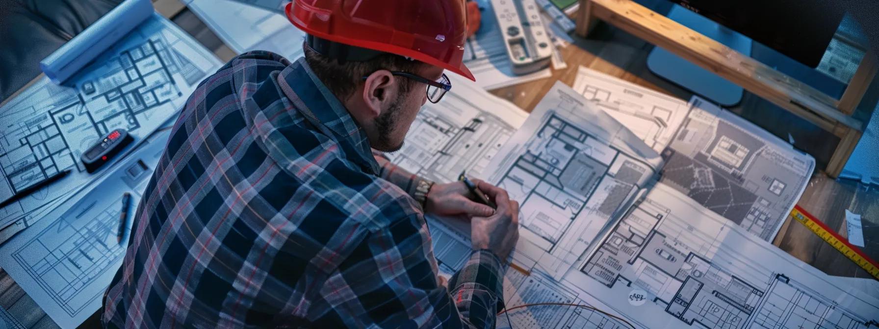 a detailed view of a construction professional analyzing a home's foundation in a busy urban office, surrounded by architectural plans and technical diagrams, highlighting the complexities of foundation repair costs influenced by home age and size.