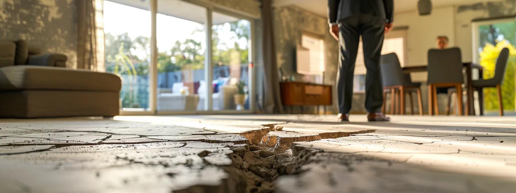 a detailed view of a modern san antonio home with visible foundation cracks and a real estate agent in a professional suit discussing implications with concerned homeowners in a well-lit, contemporary interior.