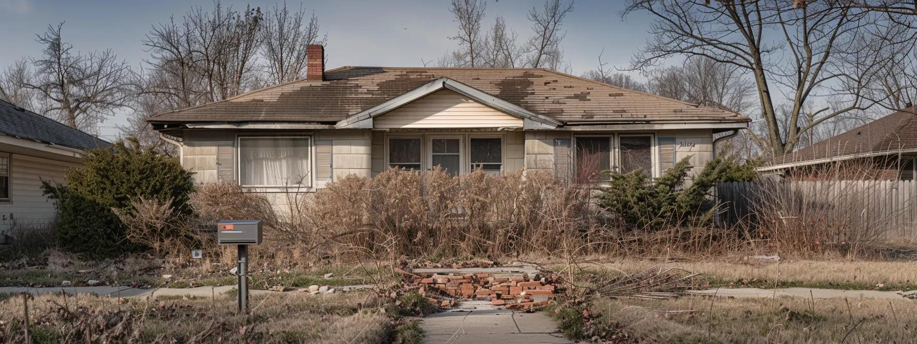 a distressed home with visible cracks in its foundation stands in a suburban neighborhood, casting a stark contrast against its well-maintained surroundings, symbolizing the hidden costs of property damage and declining market value.