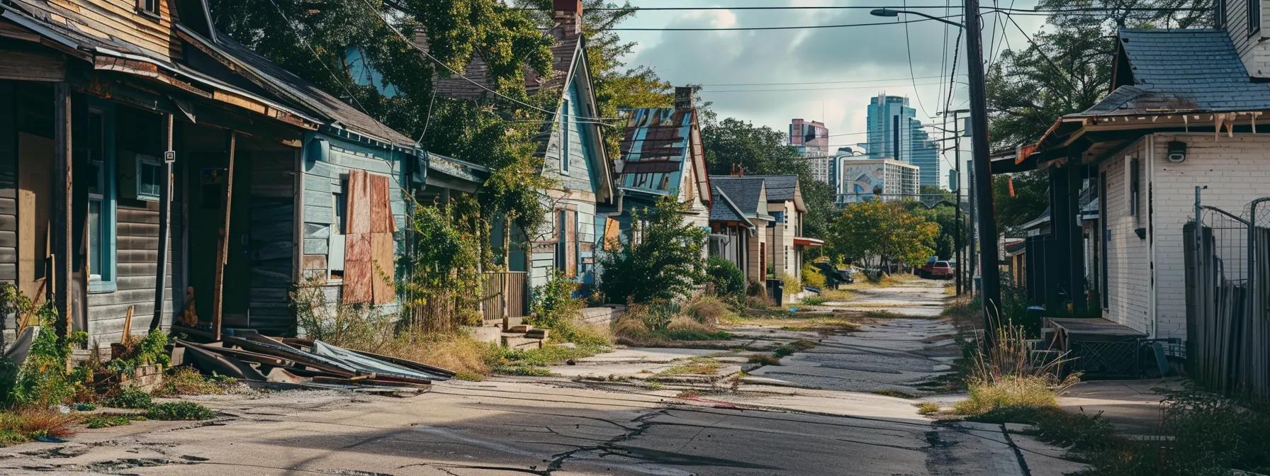 a distressed urban neighborhood in san antonio shows aging homes with visible foundation cracks, highlighting the impact of structural issues on property values against a backdrop of stark city architecture.
