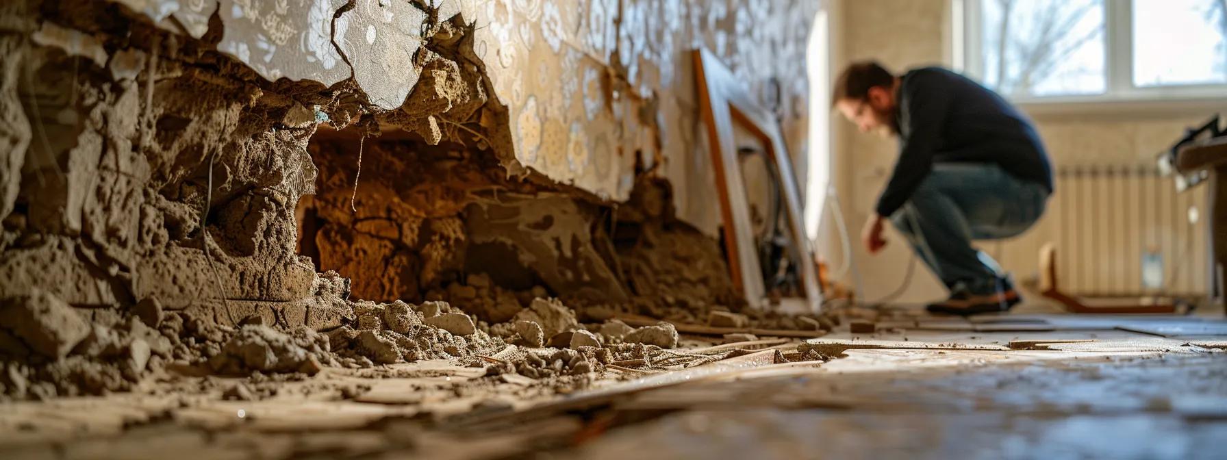 a dramatic, close-up view of a cracked foundation in a modern urban home setting, with a distressed homeowner observing the damage, highlighting the urgent financial implications of foundation repair.