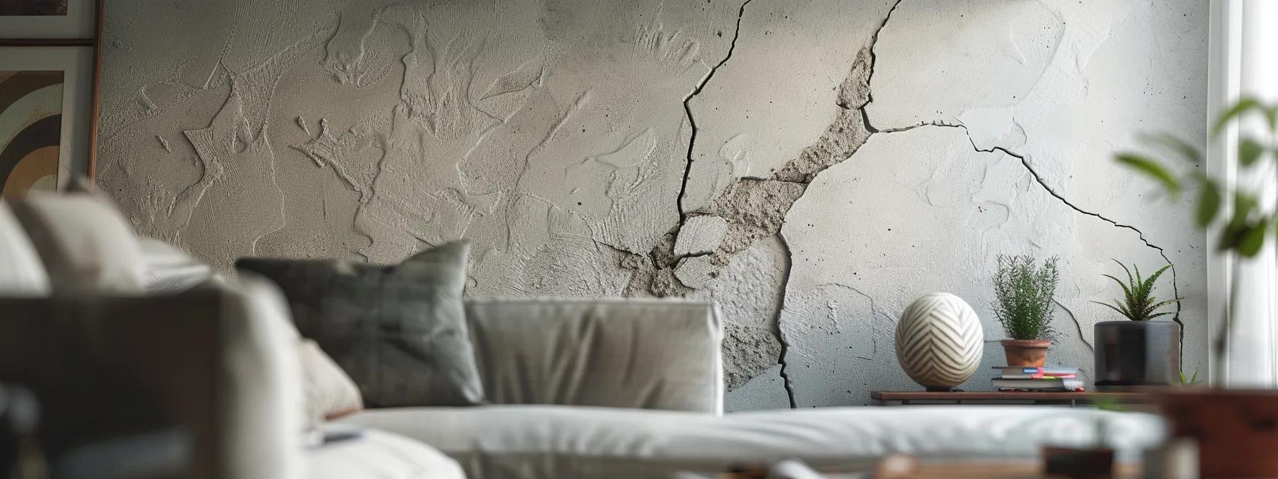 a dramatic close-up of a cracked foundation wall in a well-lit, modern living room, emphasizing the stark contrast between the home's interior elegance and the stark reality of structural damage.