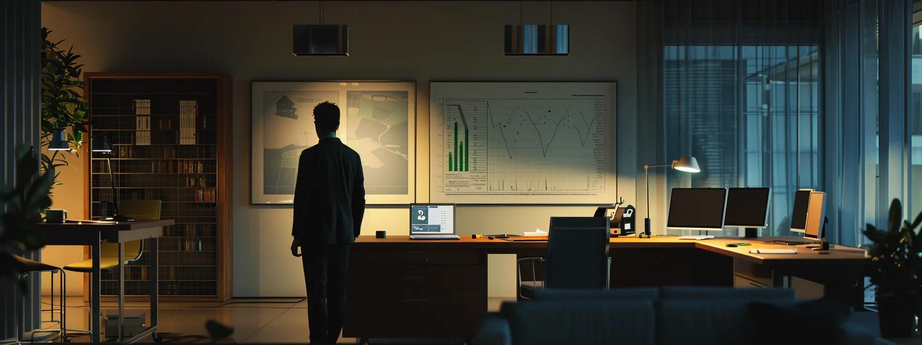 a dramatic office environment showcases a concerned homeowner reviewing detailed foundation inspection reports and construction plans, with a backdrop of a fluctuating graph indicating home price declines, illuminated by stark overhead lighting that highlights the urgency of the situation.
