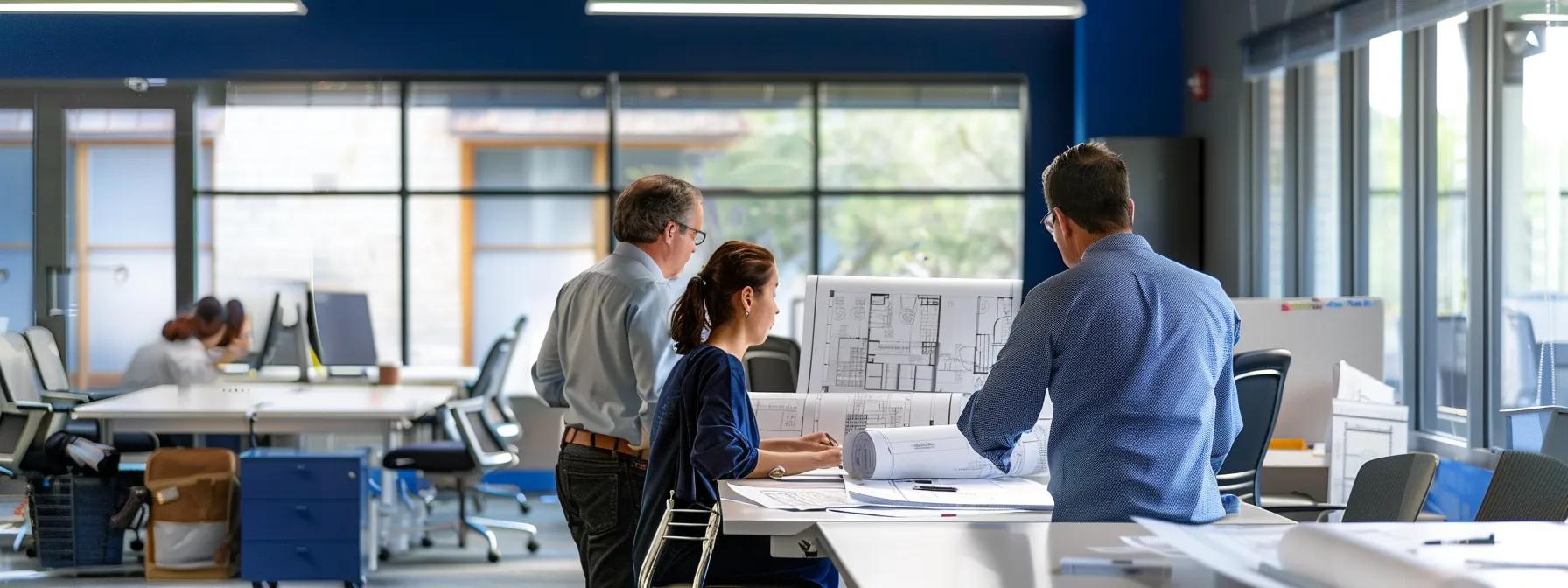 a dynamic office environment in san antonio featuring foundation repair professionals engaging in a detailed project evaluation, with technical blueprints spread out on a modern conference table, highlighting their expertise and commitment to local community standards.