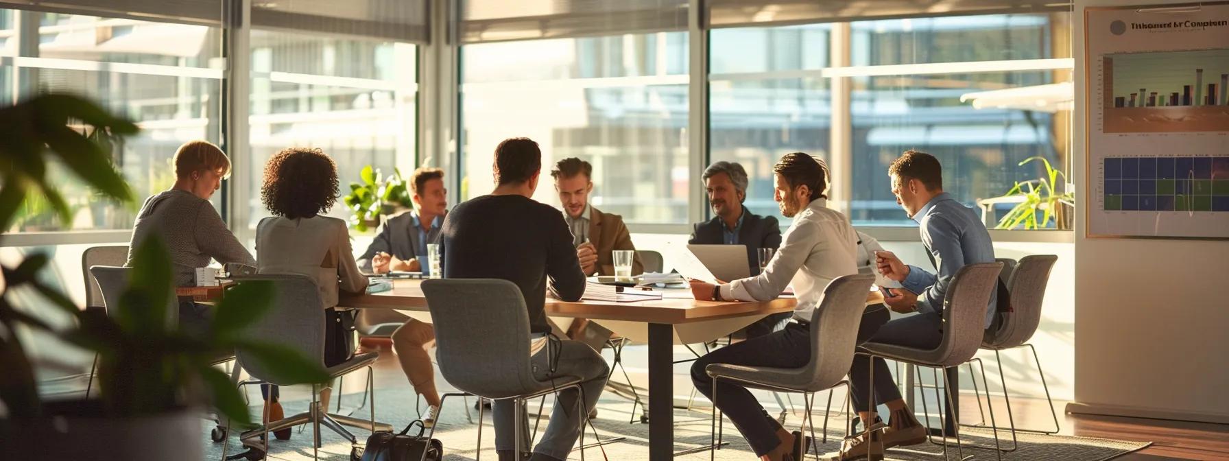 a focused and inviting office environment showcases a diverse group of professionals engaged in a dynamic discussion about innovative and affordable financing options for foundation repairs, with blueprints and financial charts laid out on the sleek conference table.