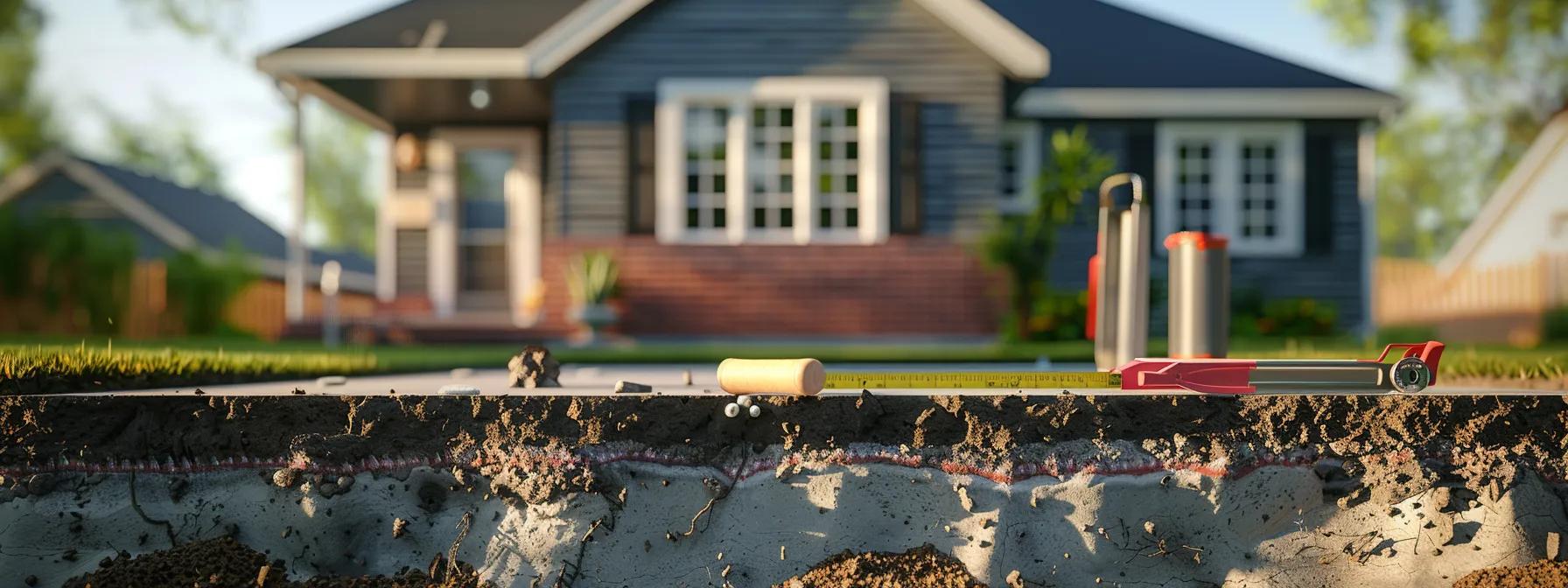 a focused composition showcases a well-worn yet meticulously maintained home exterior, highlighting the distinct differences in foundation levels, with measuring tools and repair materials neatly arranged in the foreground to emphasize the complexities of foundation repair as impacted by home size and age.