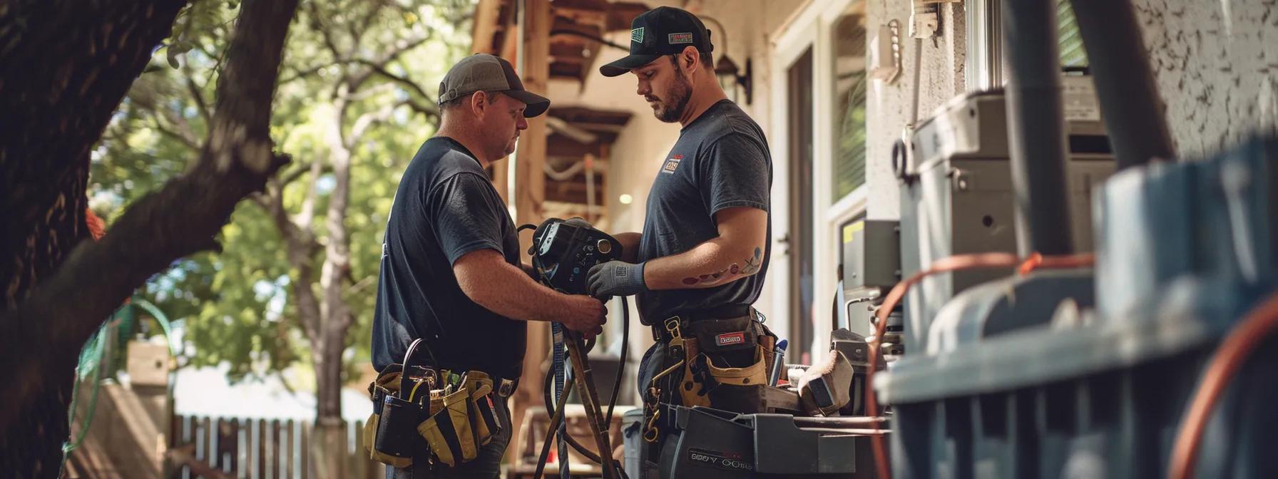 a focused view of a professional foundation repair team examining a residential structure in san antonio, showcasing modern tools and techniques under bright, artificial lighting in a clean, organized urban setting.